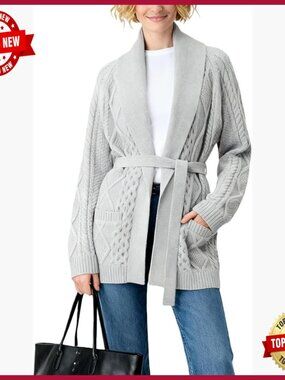 Cable Knit Open Front Cardigan with Removable Belt